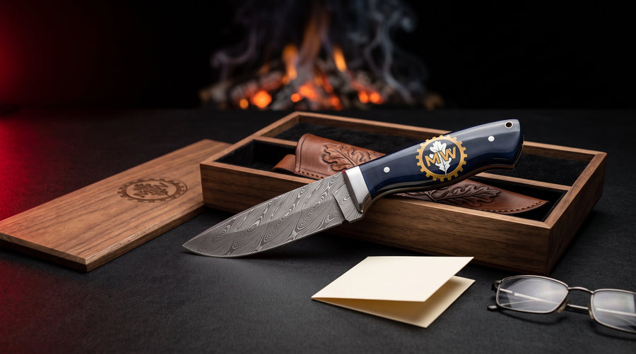 Damascus hunting knife with a navy resin logo handle in an open wooden box with a blank card and reading glasses