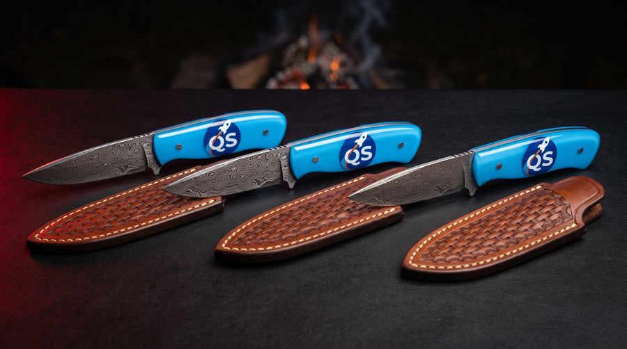 Three EDC knives with sky blue resin handles and a sample company logo on basket weave sheaths