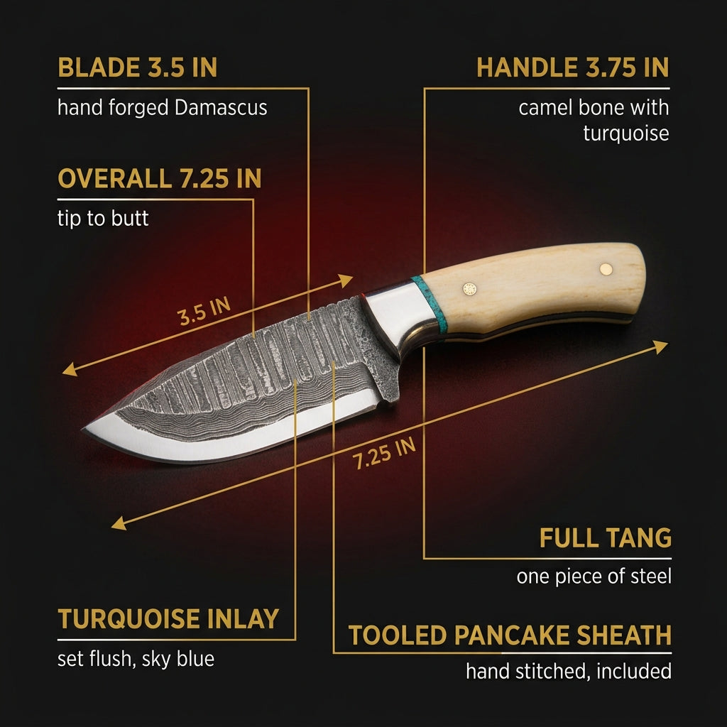 Specification chart for the Damascus bull cutter knife with bone and turquoise handle, blade 3.5 inches, overall 7.25 inches, handle 3.75 inches, full tang, tooled pancake sheath included