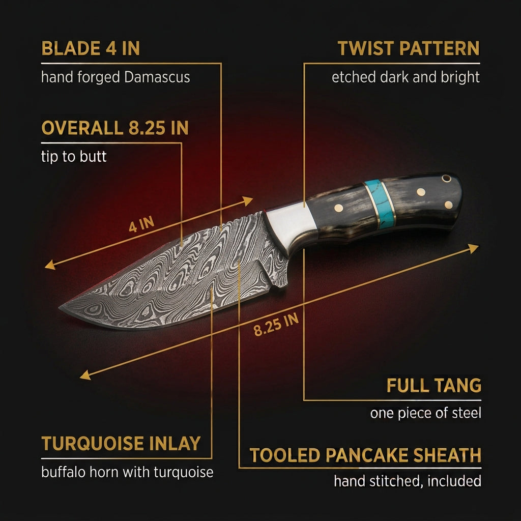 Specification chart for the Damascus bull cutter knife with horn and turquoise handle, blade 4 inches, overall 8.25 inches, handle 4.25 inches, full tang, tooled pancake sheath included