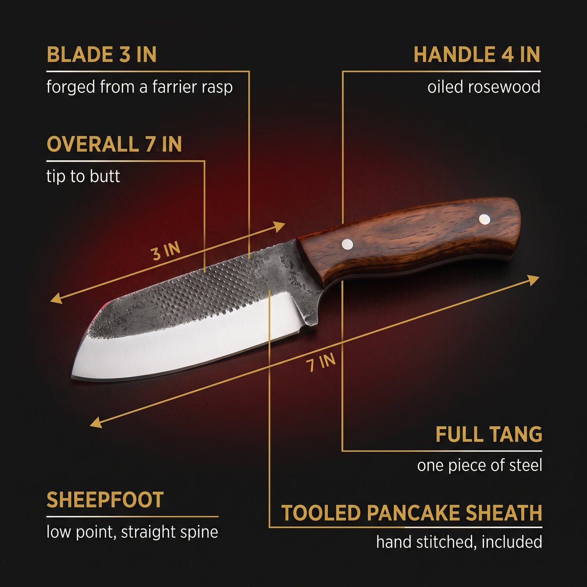 Specification chart for the rasp steel bull cutter knife with rosewood handle, blade 3 inches, overall 7 inches, handle 4 inches, full tang, tooled pancake sheath included