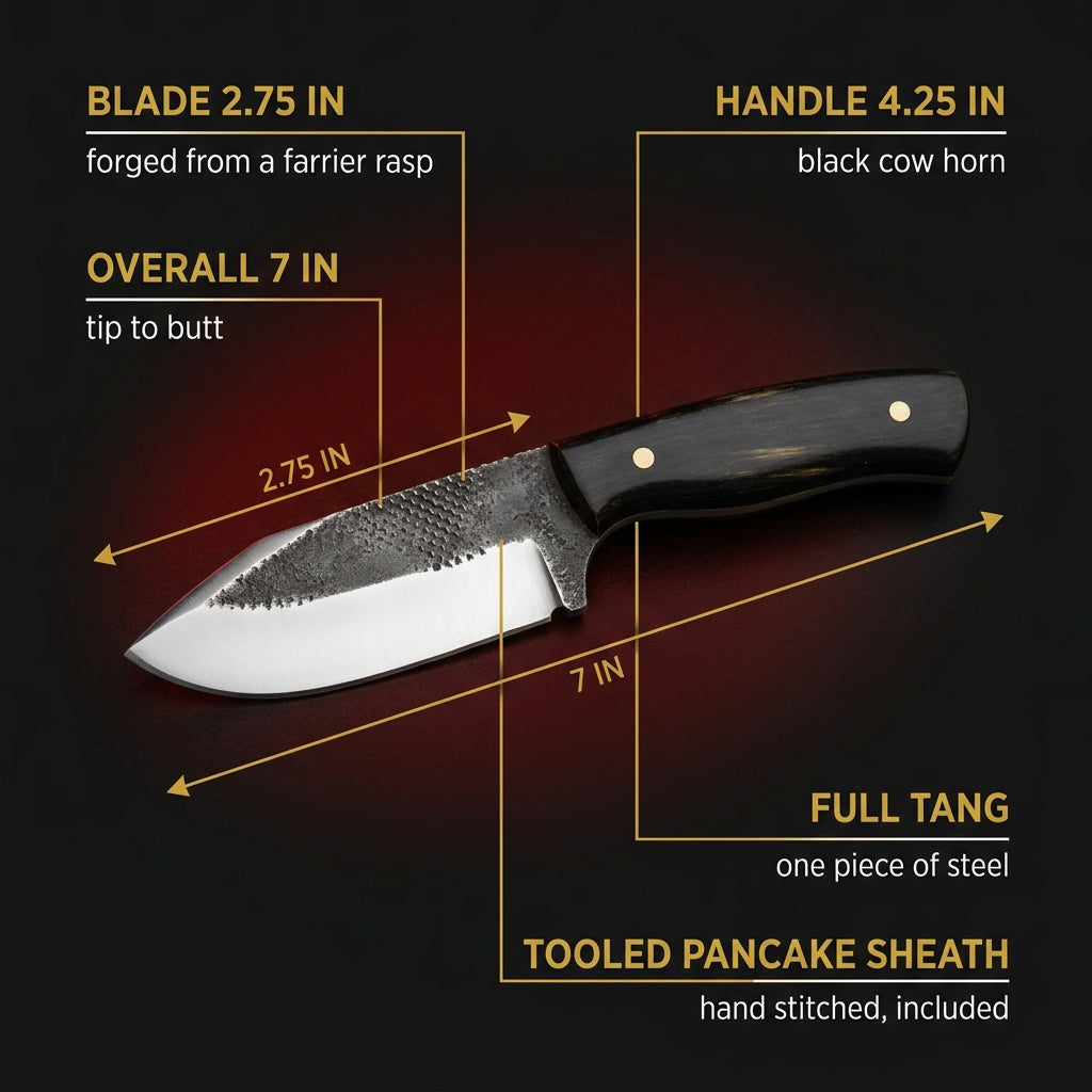 Specification chart for the rasp steel bull cutter knife with black horn handle, blade 2.75 inches, overall 7 inches, handle 4.25 inches, full tang, tooled pancake sheath included