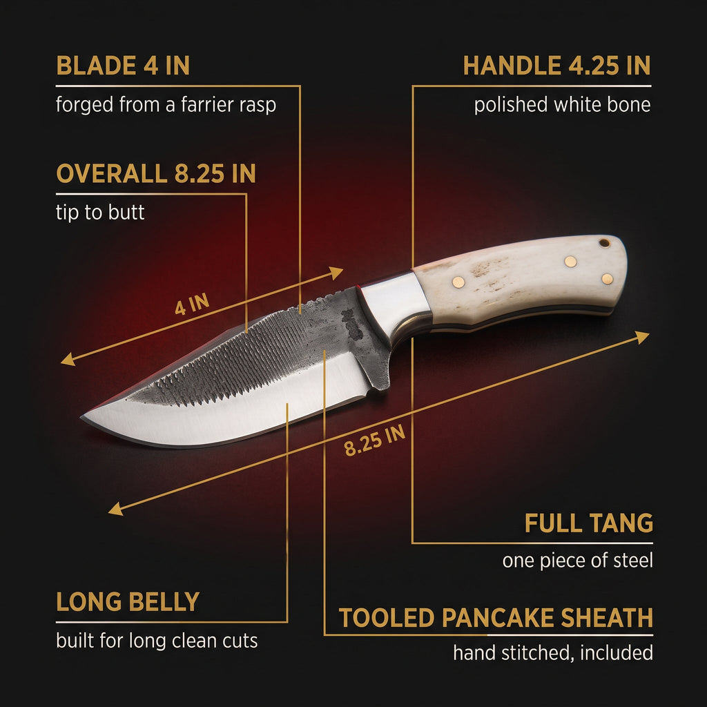 Specification chart for the rasp steel bull cutter knife with bone handle, blade 4 inches, overall 8.25 inches, handle 4.25 inches, full tang, tooled pancake sheath included
