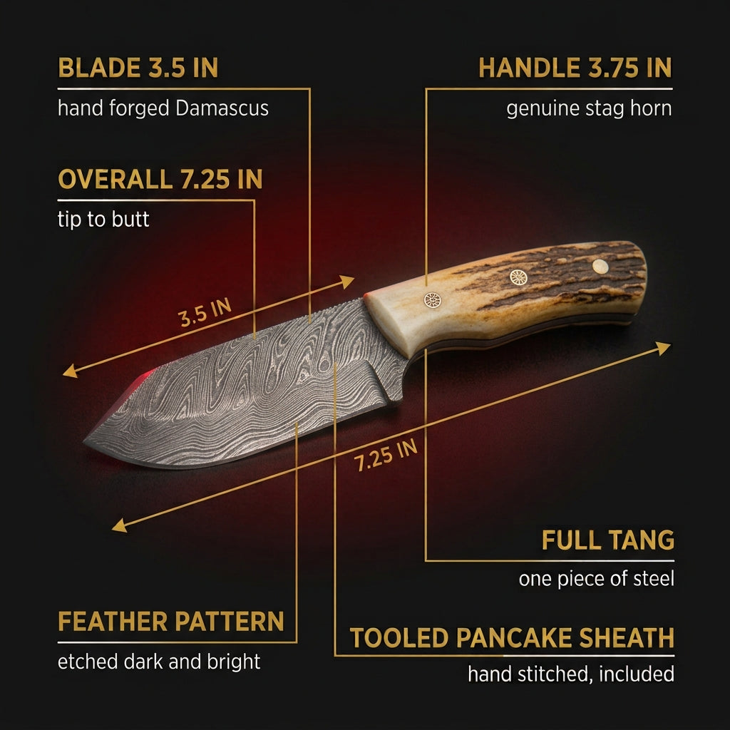 Specification chart for the Damascus bull cutter knife with stag horn handle, blade 3.5 inches, overall 7.25 inches, handle 3.75 inches, full tang, tooled pancake sheath included