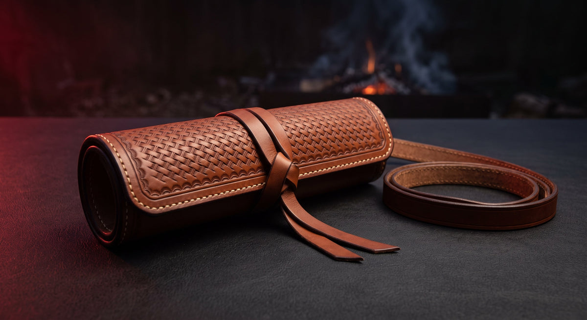 Hand tooled leather knife roll with a basket weave face, rolled up and tied shut with its leather strap