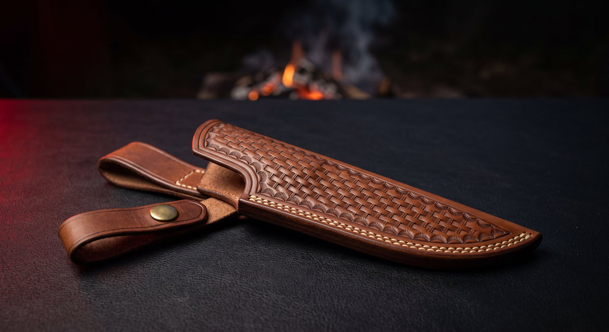 Plain hand stitched leather belt sheath with a welted seam and a brass snap retention strap