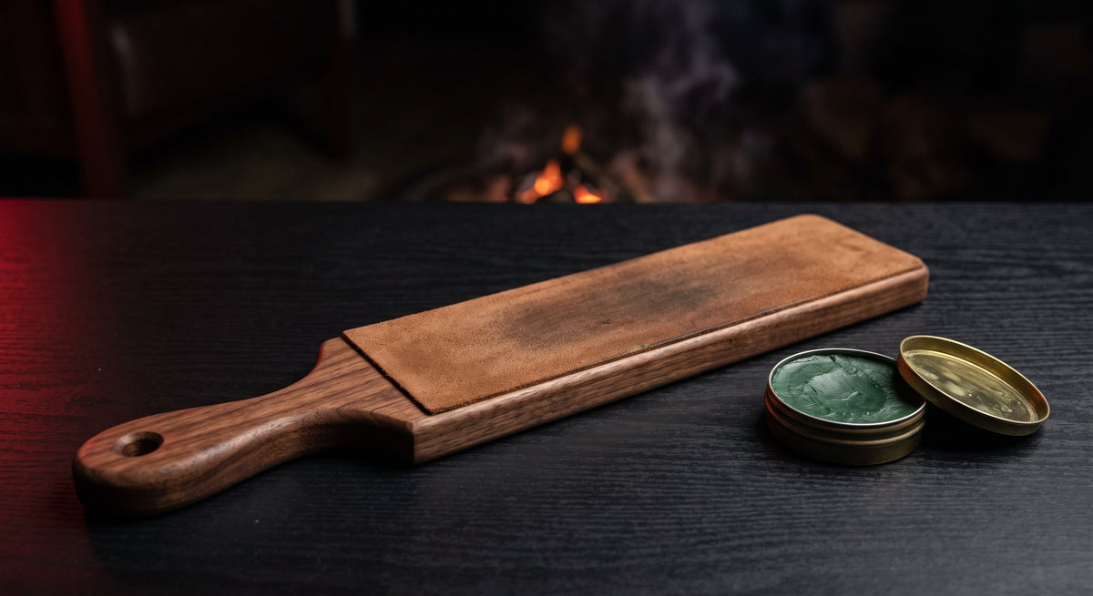 Leather strop board on a walnut paddle beside an open tin of green polishing compound