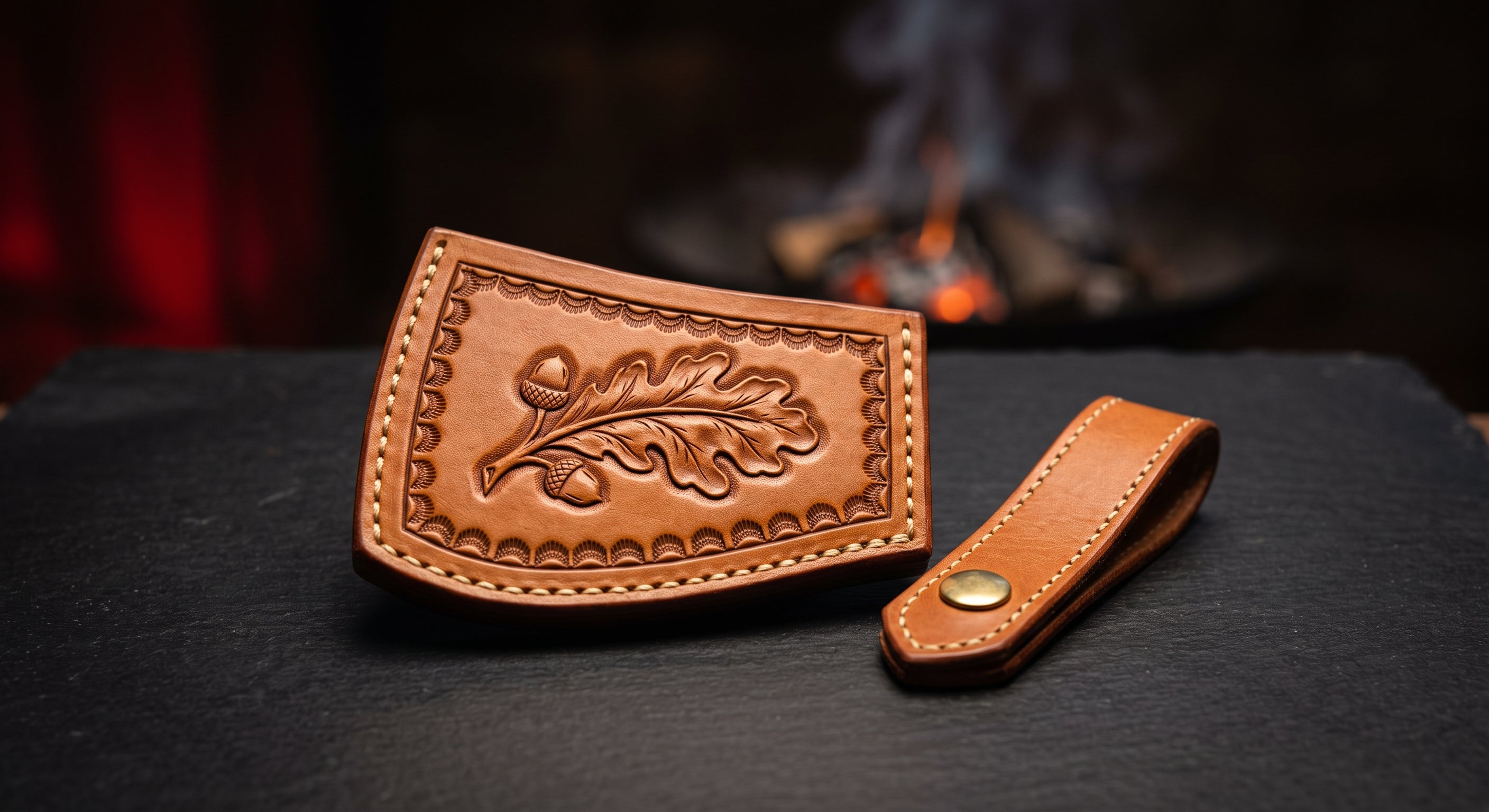 Hand carved leather axe head cover with an oak leaf face, a brass snap and a separate belt loop strap