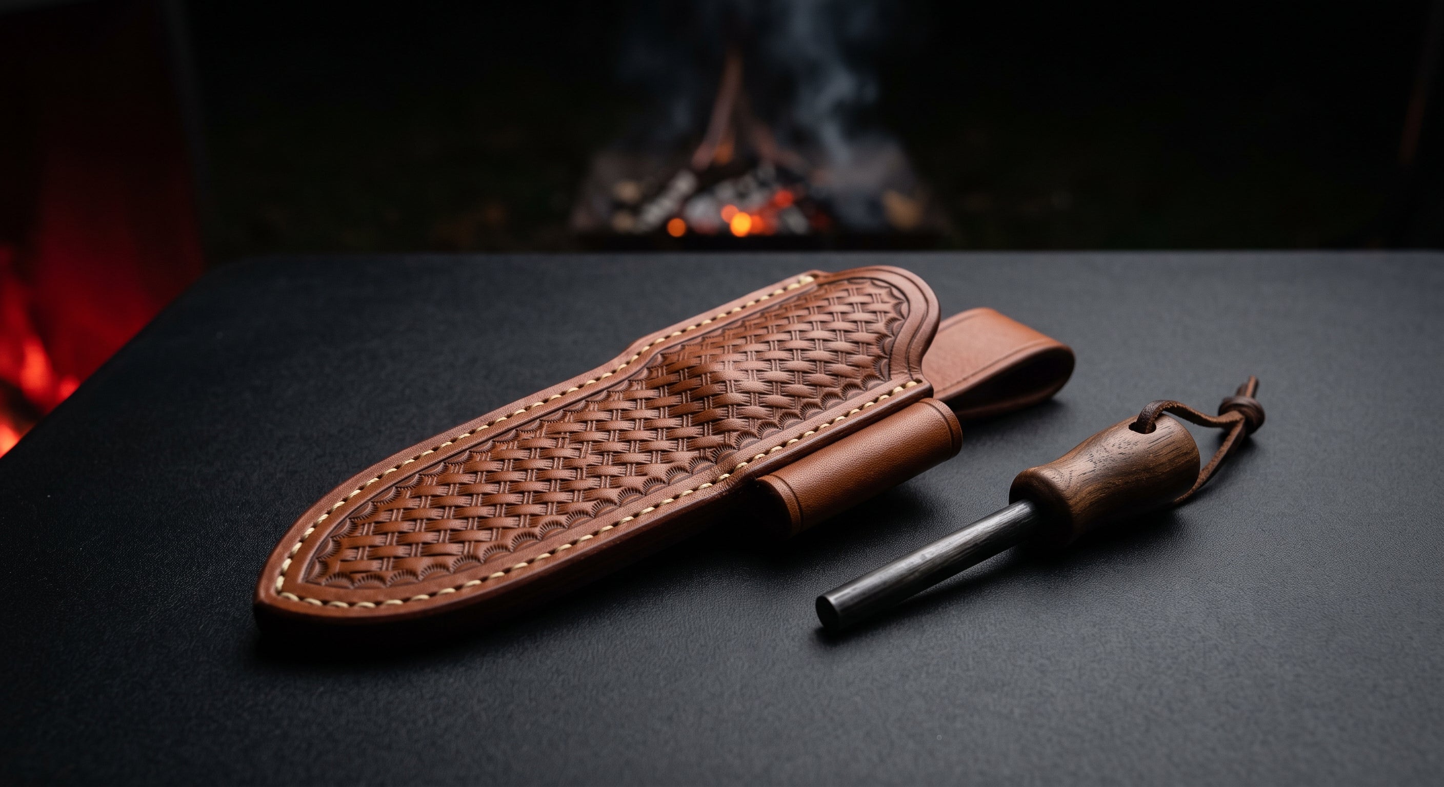Hand stitched leather belt sheath with a basket weave face and a side loop holding a ferro rod