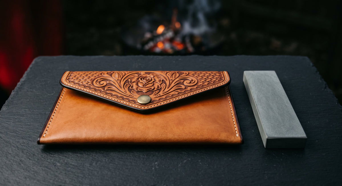 Hand tooled leather sharpening stone pouch with a carved rose flap beside a grey bench stone