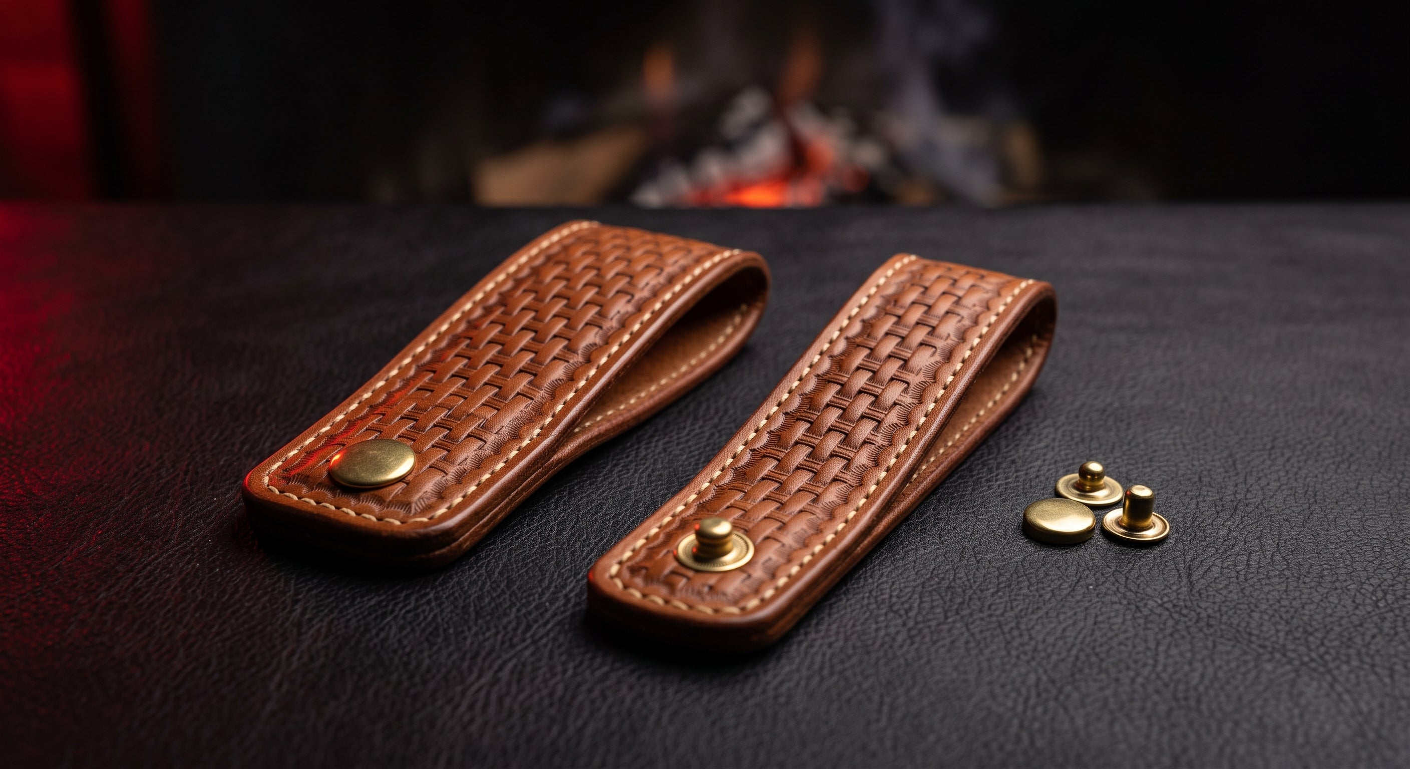 A pair of hand stitched leather dangler belt loops with basket weave faces and solid brass press studs