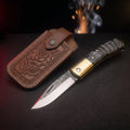 Hand forged barlow pocket knife with ram horn handle and tooled leather pouch