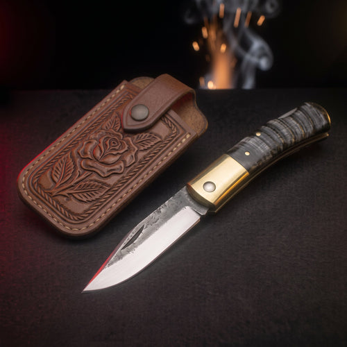 Hand forged barlow pocket knife with ram horn handle and tooled leather pouch