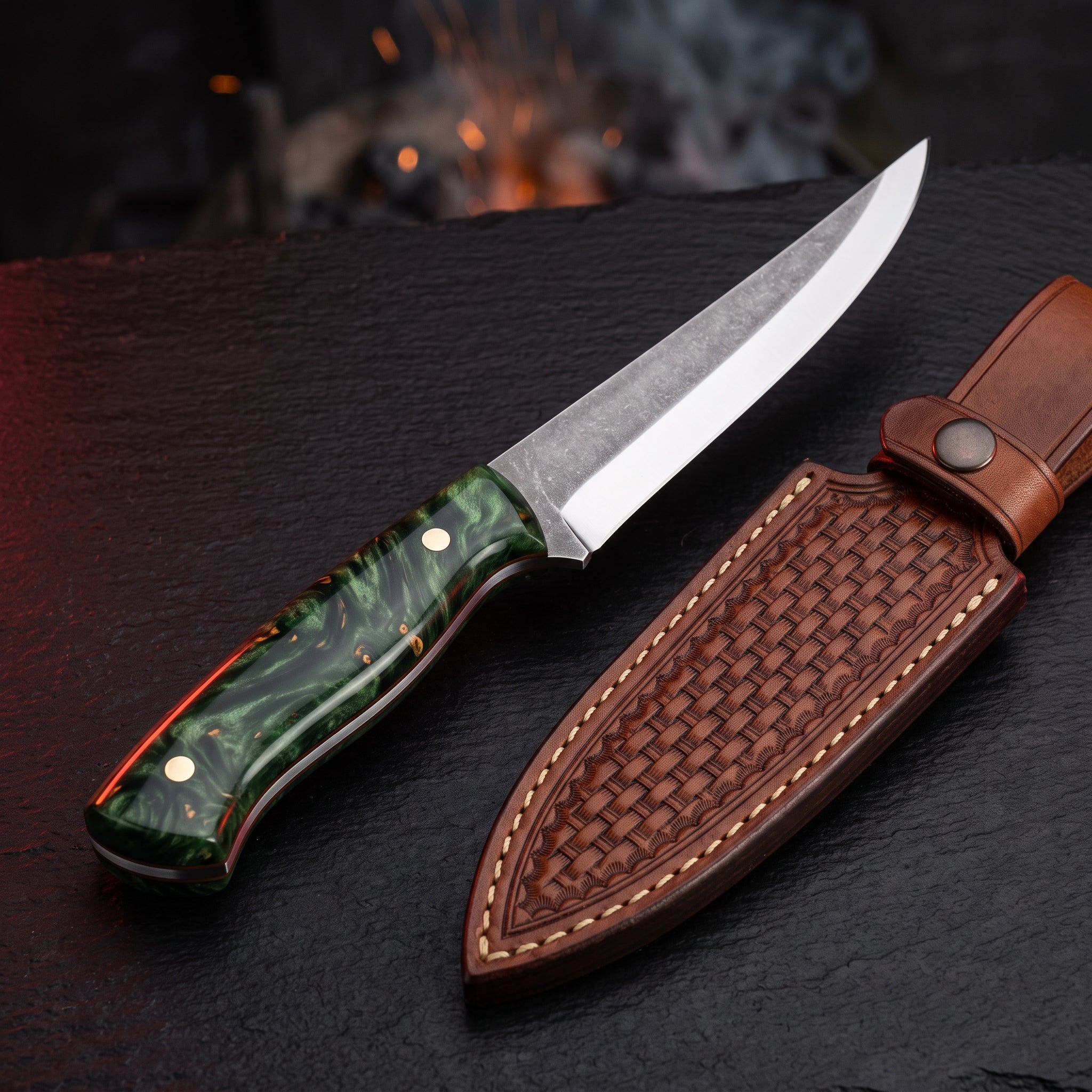 Hand forged boning knife with a 6 inch straight carbon steel blade, green resin handle and a stamped leather sheath