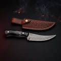 Hand forged Damascus boning knife with a 6.5 inch curved blade, water buffalo horn handle and a stamped leather sheath