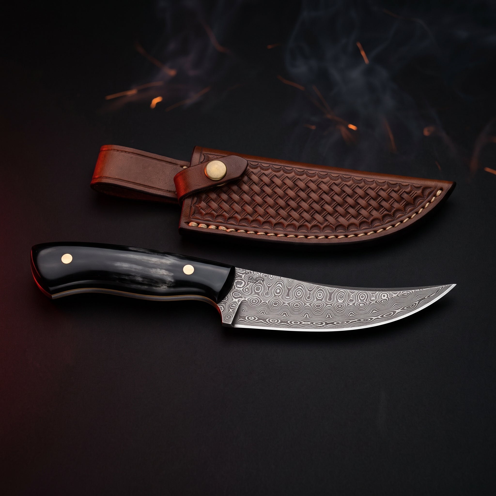Hand forged Damascus boning knife with a 6.5 inch curved blade, water buffalo horn handle and a stamped leather sheath