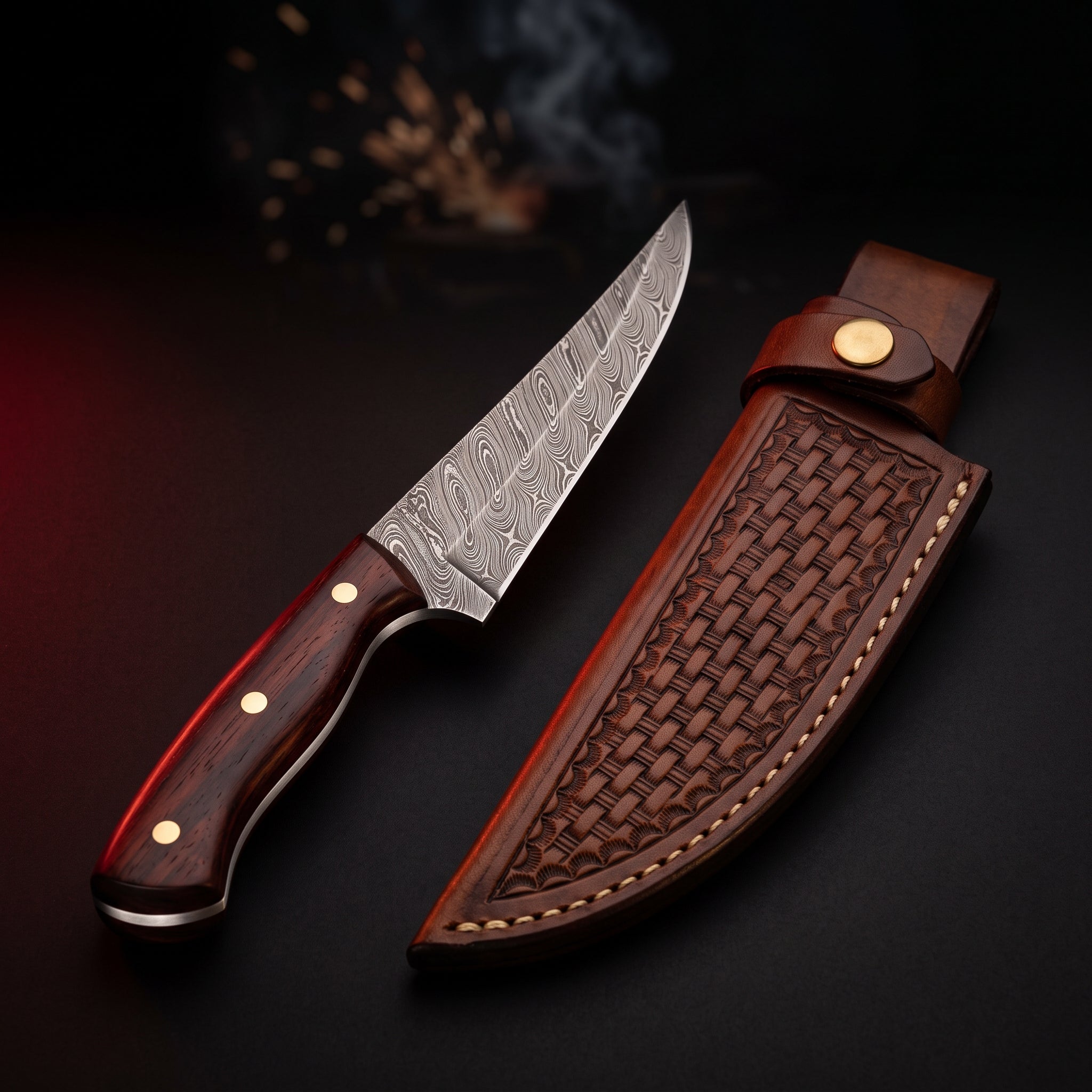 Hand forged Damascus boning knife with a 7 inch curved blade, rosewood handle and a stamped leather sheath