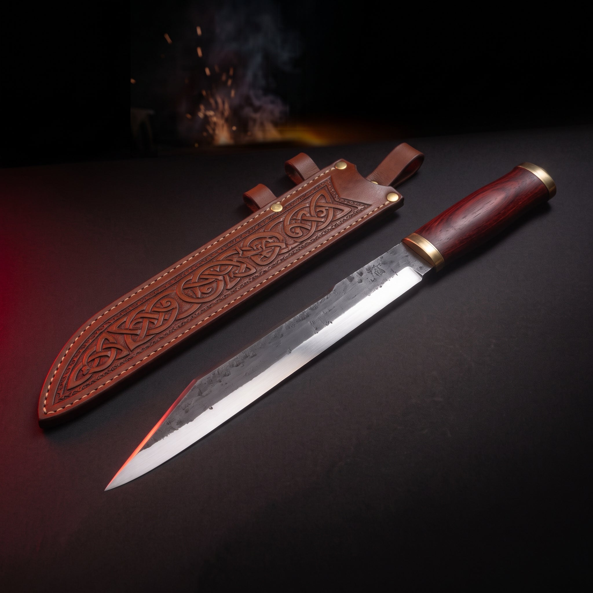 Hand forged broken back seax with rosewood handle and tooled leather sheath