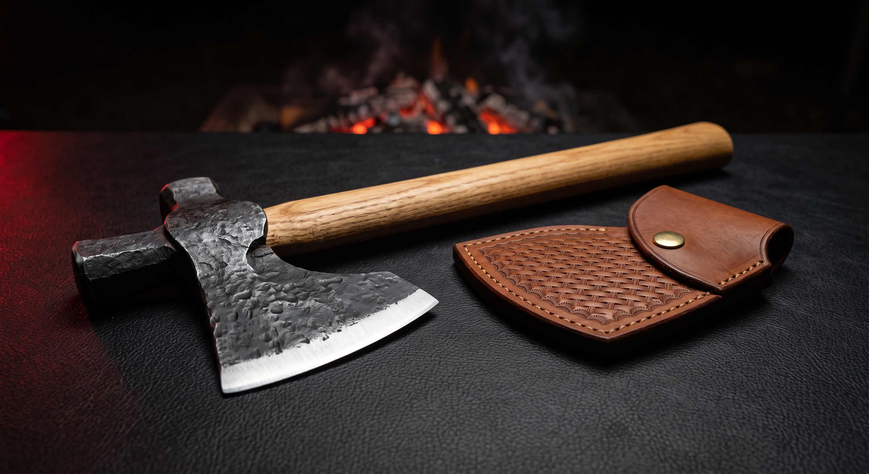 Hand forged bushcraft axe with a hammer poll, 19 inch ash handle and a stamped leather head cover