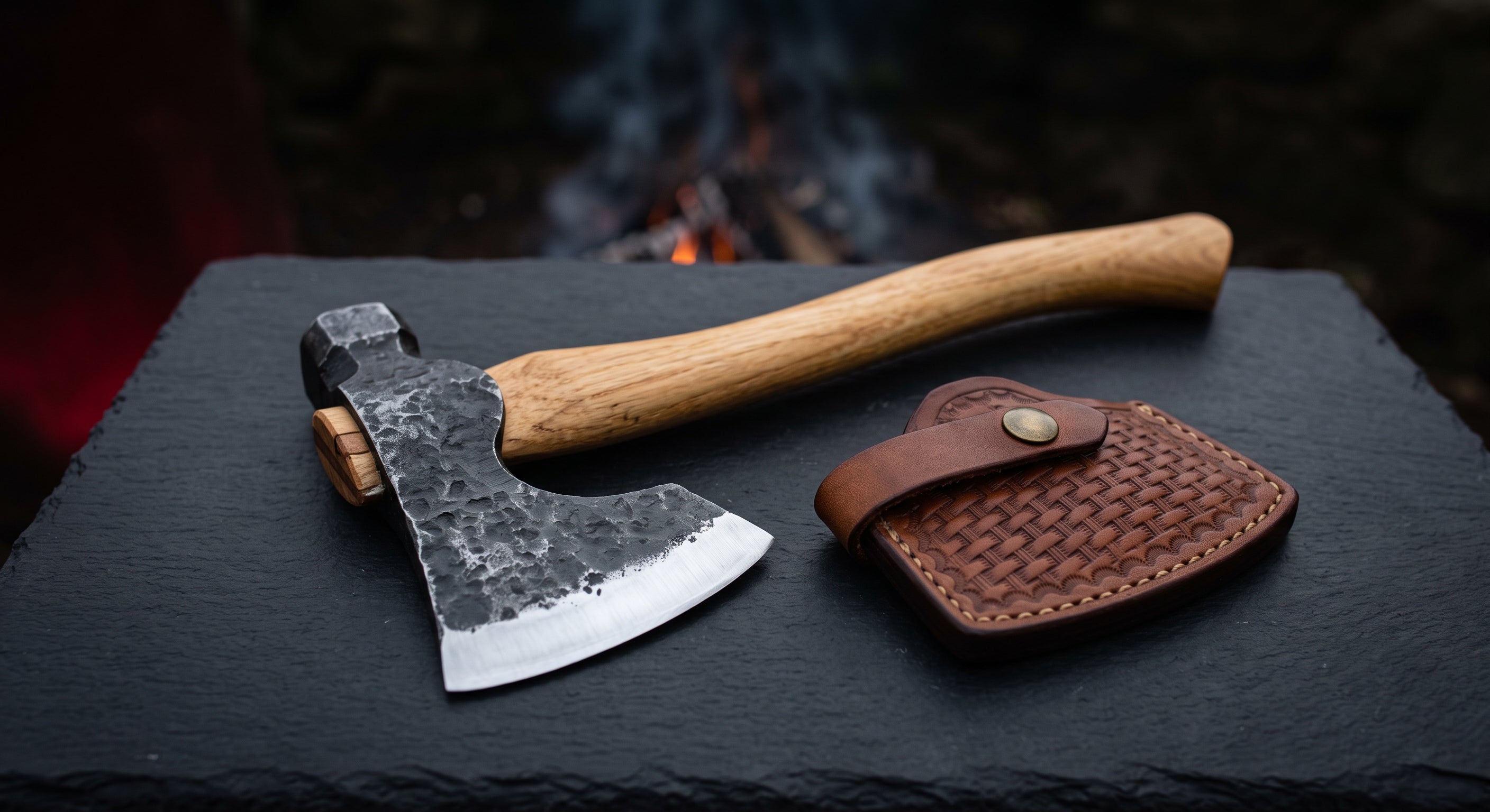 Hand forged bushcraft axe with a curved 19 inch hickory handle and a stamped leather head cover