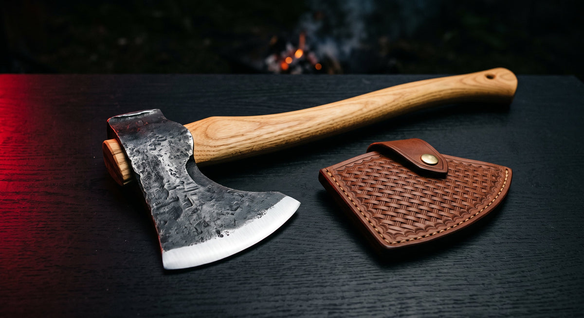 Hand forged bushcraft axe with a curved 19 inch ash handle and a stamped leather head cover