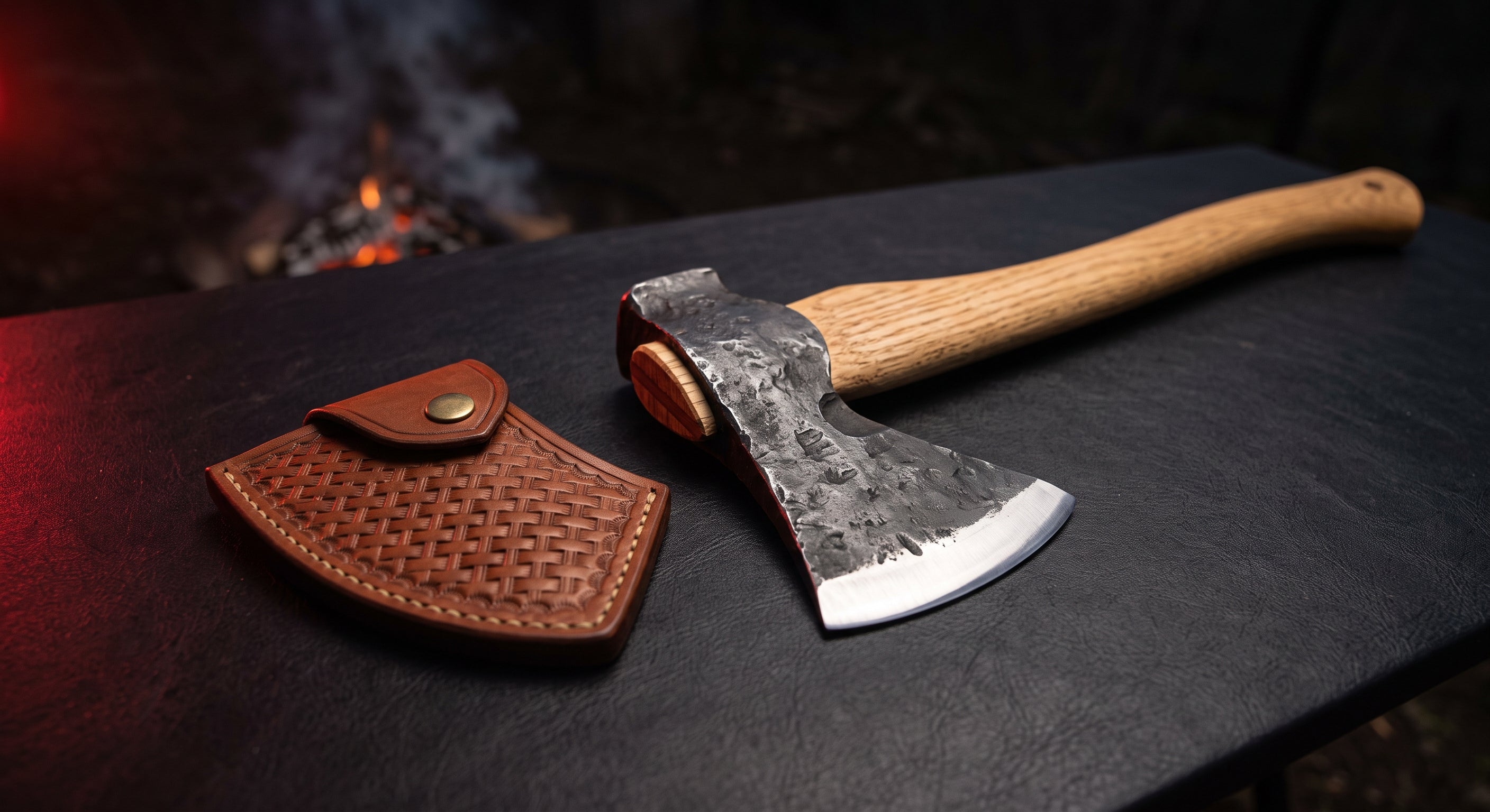 Hand forged bushcraft axe with a hammer poll, 19 inch oak handle and a stamped leather head cover