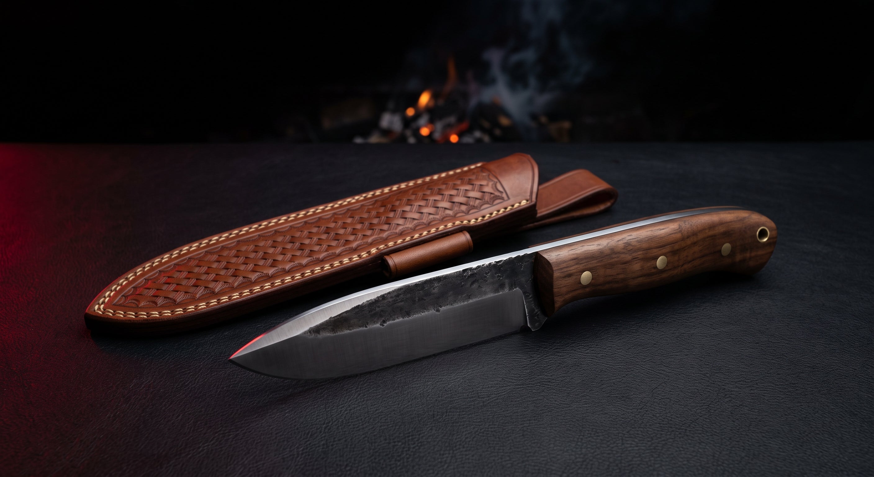 Hand forged bushcraft knife with a scandi ground 4 inch blade, walnut handle and a stamped leather sheath with a fire steel loop