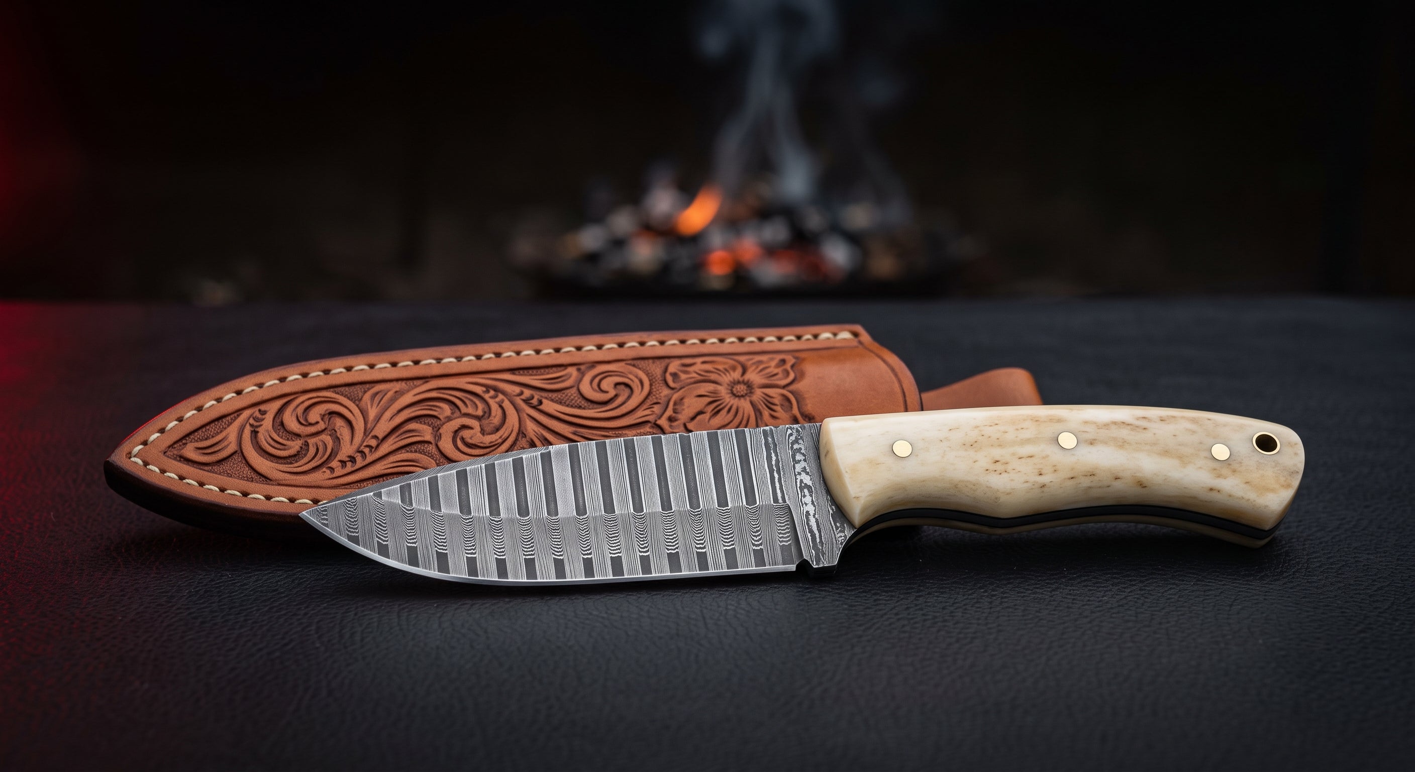 Damascus bushcraft knife with a ladder pattern blade, camel bone handle and a hand carved leather sheath