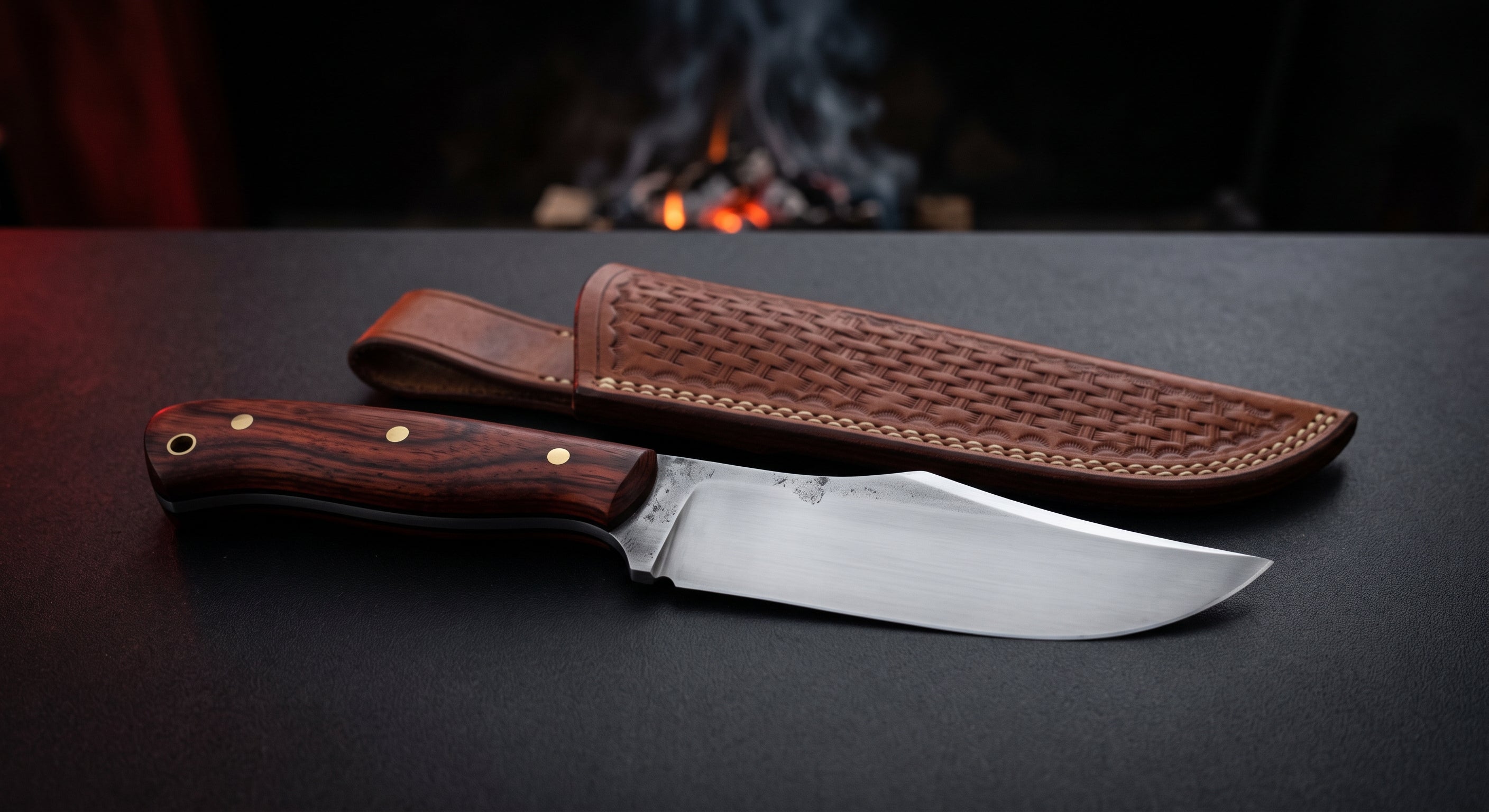 Hand forged Nessmuk knife with a dipped spine, wide curved belly, rosewood handle and a stamped leather sheath