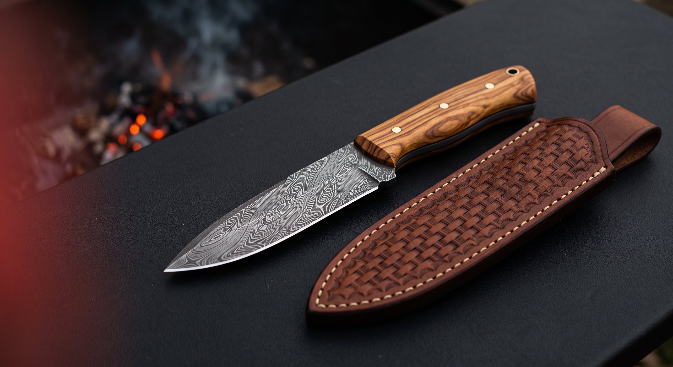 Damascus bushcraft knife with a twist pattern spear point blade, olive wood handle and a stamped leather sheath