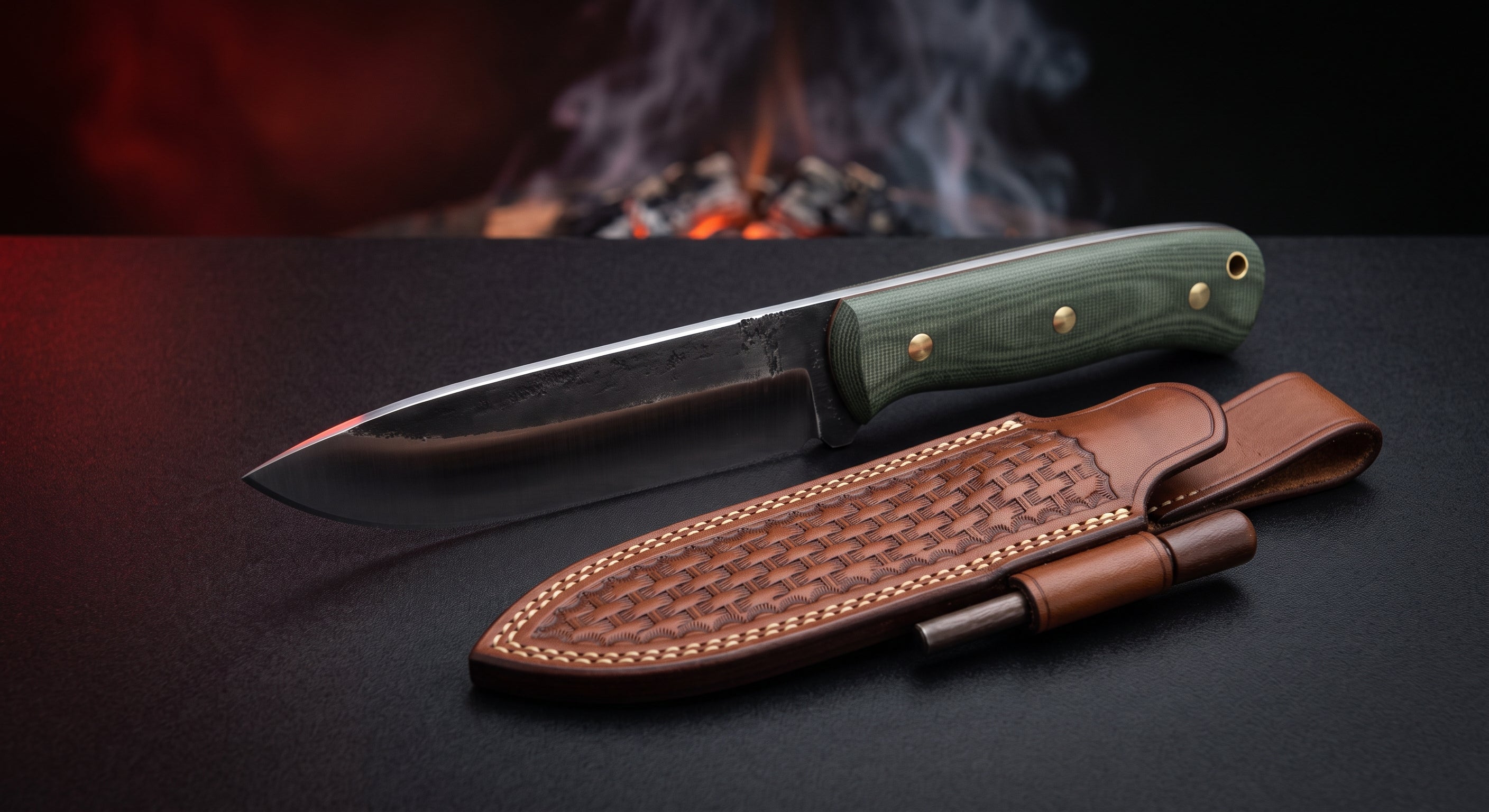 Hand forged bushcraft knife with a tall scandi ground blade, green micarta handle and a leather sheath with a fire steel loop