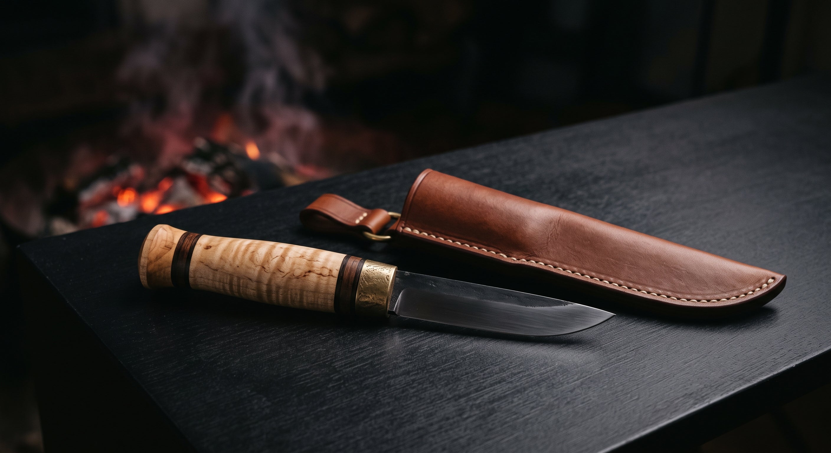 Hand forged puukko knife with a straight 4 inch blade, curly birch barrel handle and a plain leather pouch sheath
