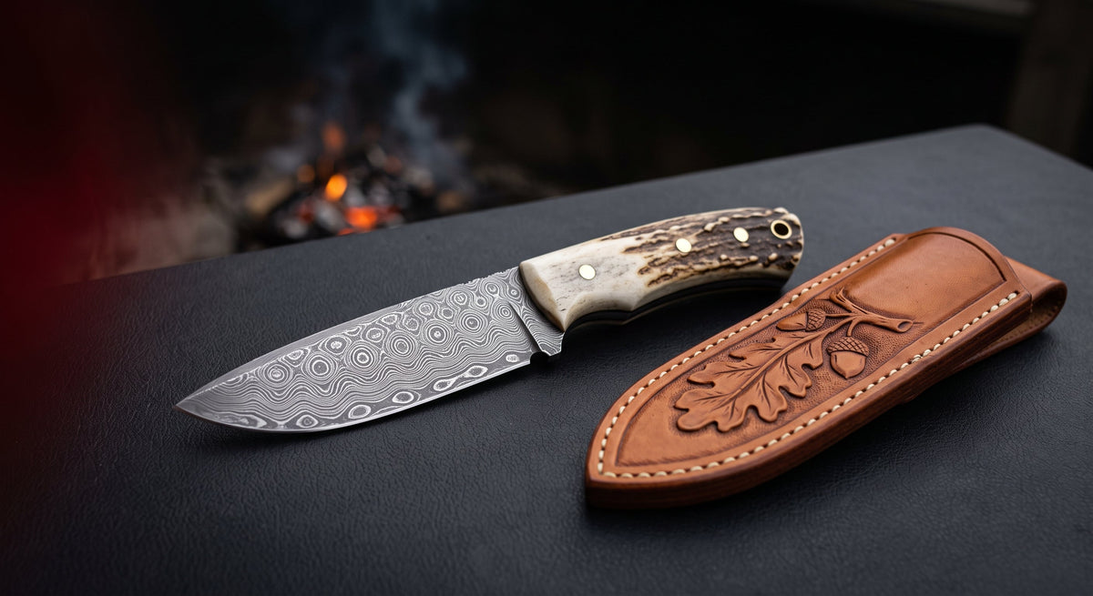 Damascus bushcraft knife with a raindrop pattern blade, stag antler handle and a hand carved leather sheath