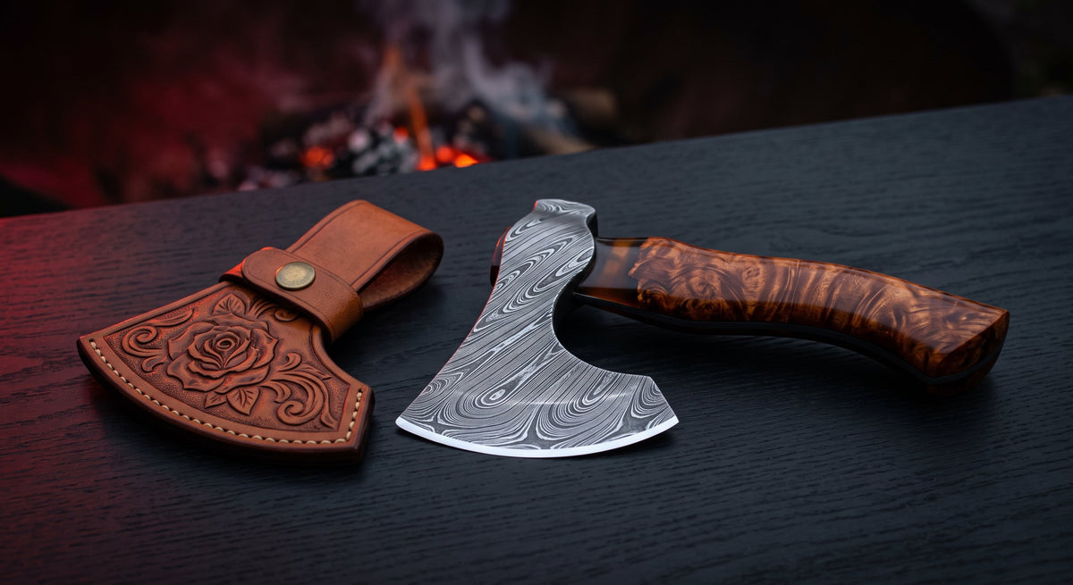 Damascus carving axe with a bearded head, burl wood and resin handle and a hand carved leather cover