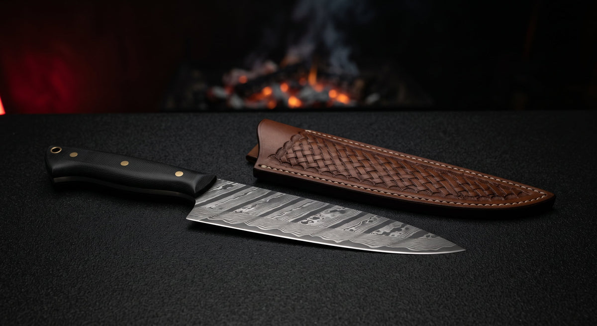 Damascus chef knife with a 10 inch ladder pattern blade and a black canvas micarta handle