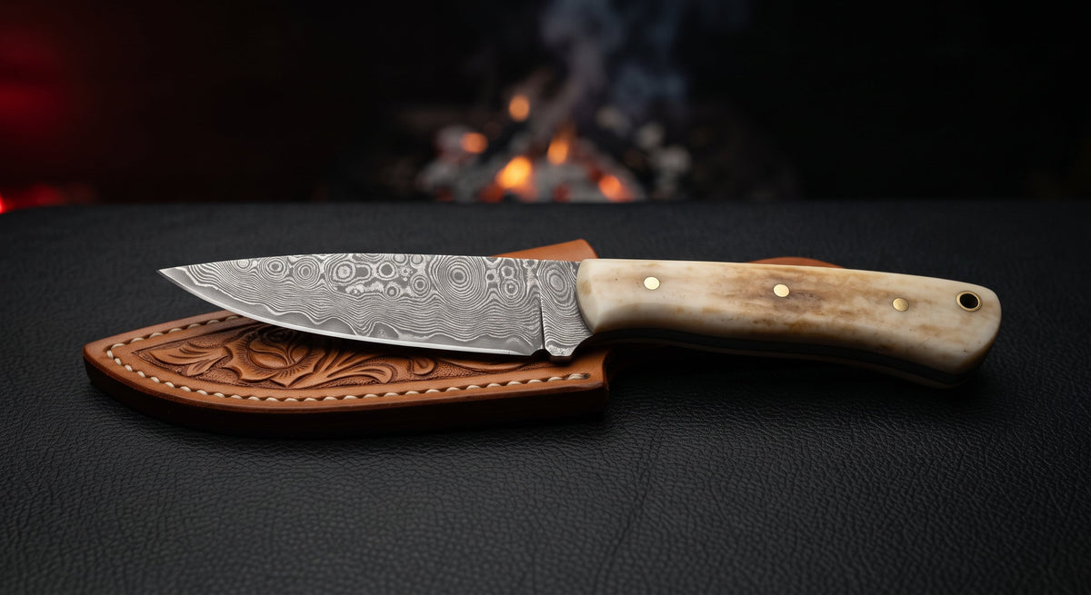 Damascus paring knife with a small raindrop pattern blade and a camel bone handle