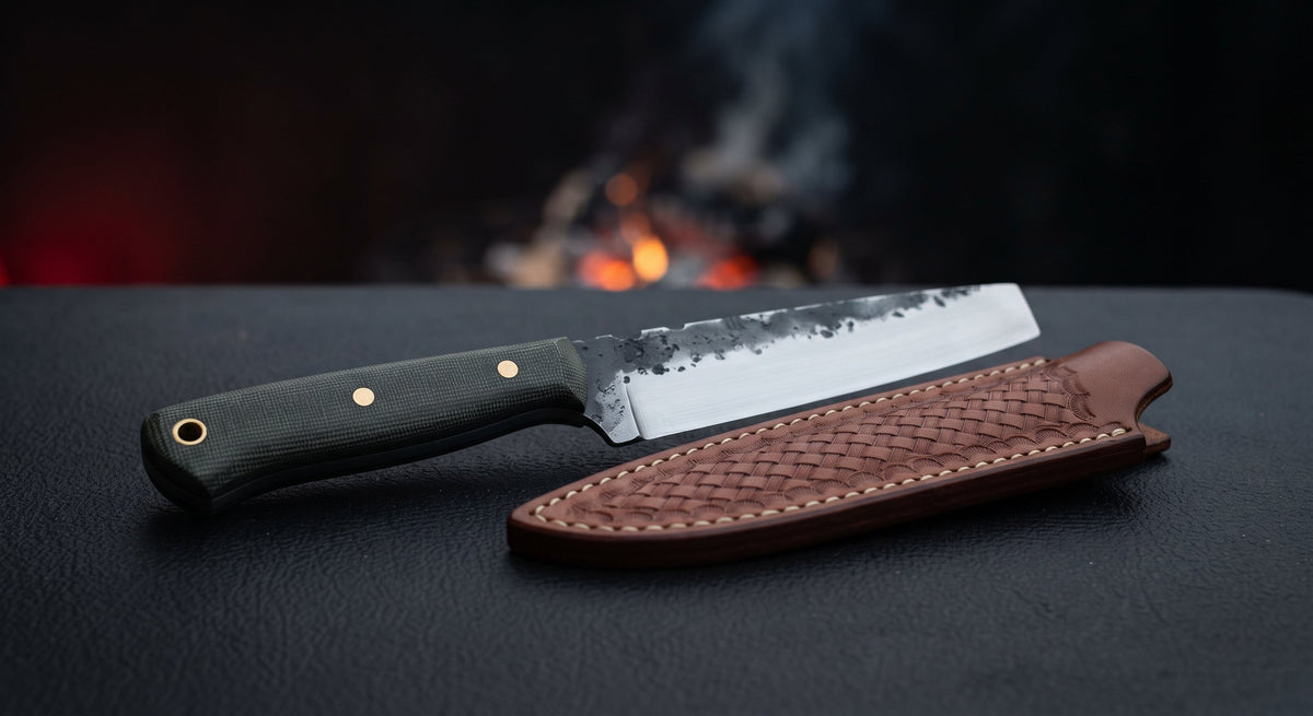 Hand forged kitchen utility knife with a tall straight sided blade and a green canvas micarta handle