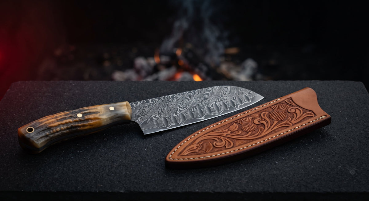 Damascus santoku knife with a twist pattern blade, dimples along the flat and a ram horn handle