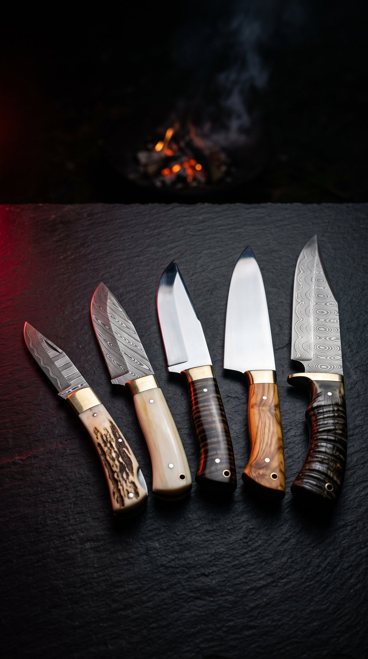 Five hand forged knives standing side by side, Damascus folding and hunting blades beside mirror polished blades, with stag antler, bone, olive wood and resin handles