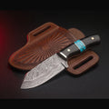 Damascus bull cutter knife with black horn and turquoise handle and tooled pancake sheath
