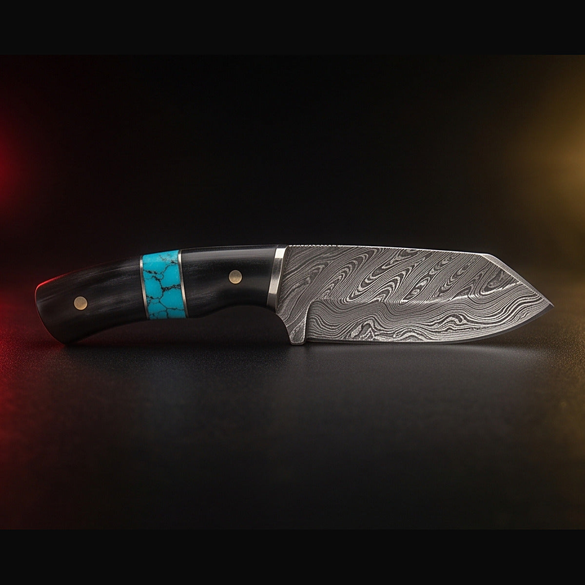 Damascus bull cutter knife with black horn and turquoise handle, left side profile