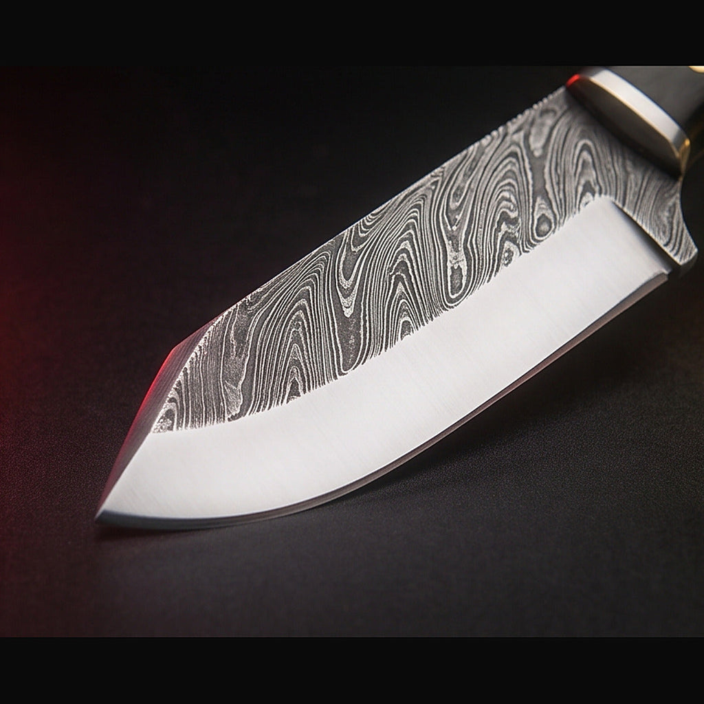 Damascus bull cutter knife with black horn and turquoise handle, blade and cutting edge detail