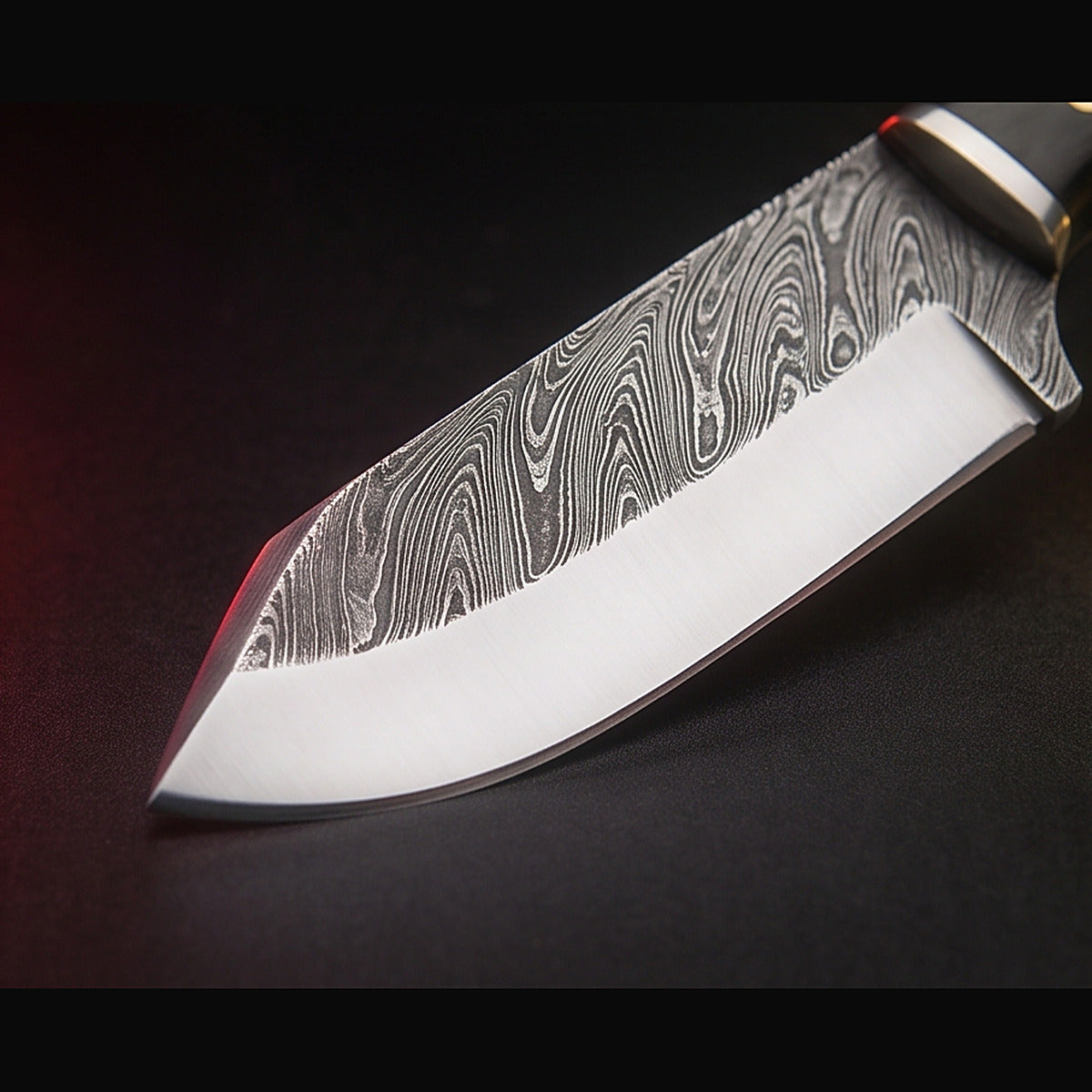 Damascus bull cutter knife with black horn and turquoise handle, blade and cutting edge detail