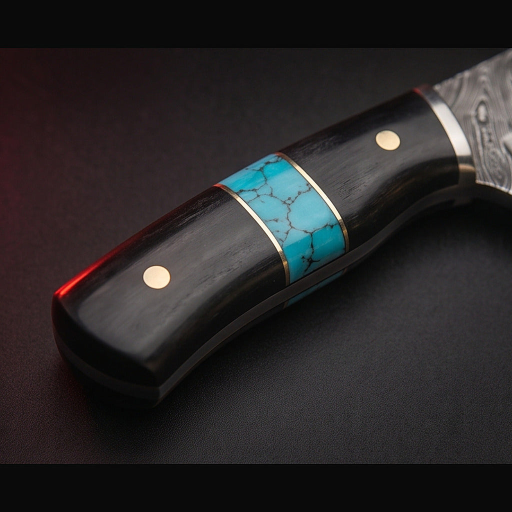 Damascus bull cutter knife with black horn and turquoise handle, handle close up