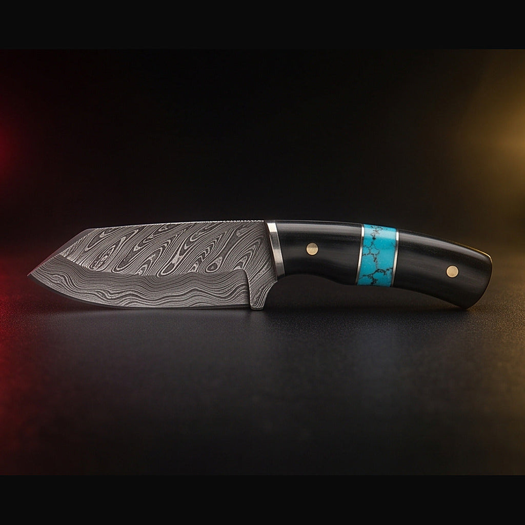 Damascus bull cutter knife with black horn and turquoise handle, right side profile