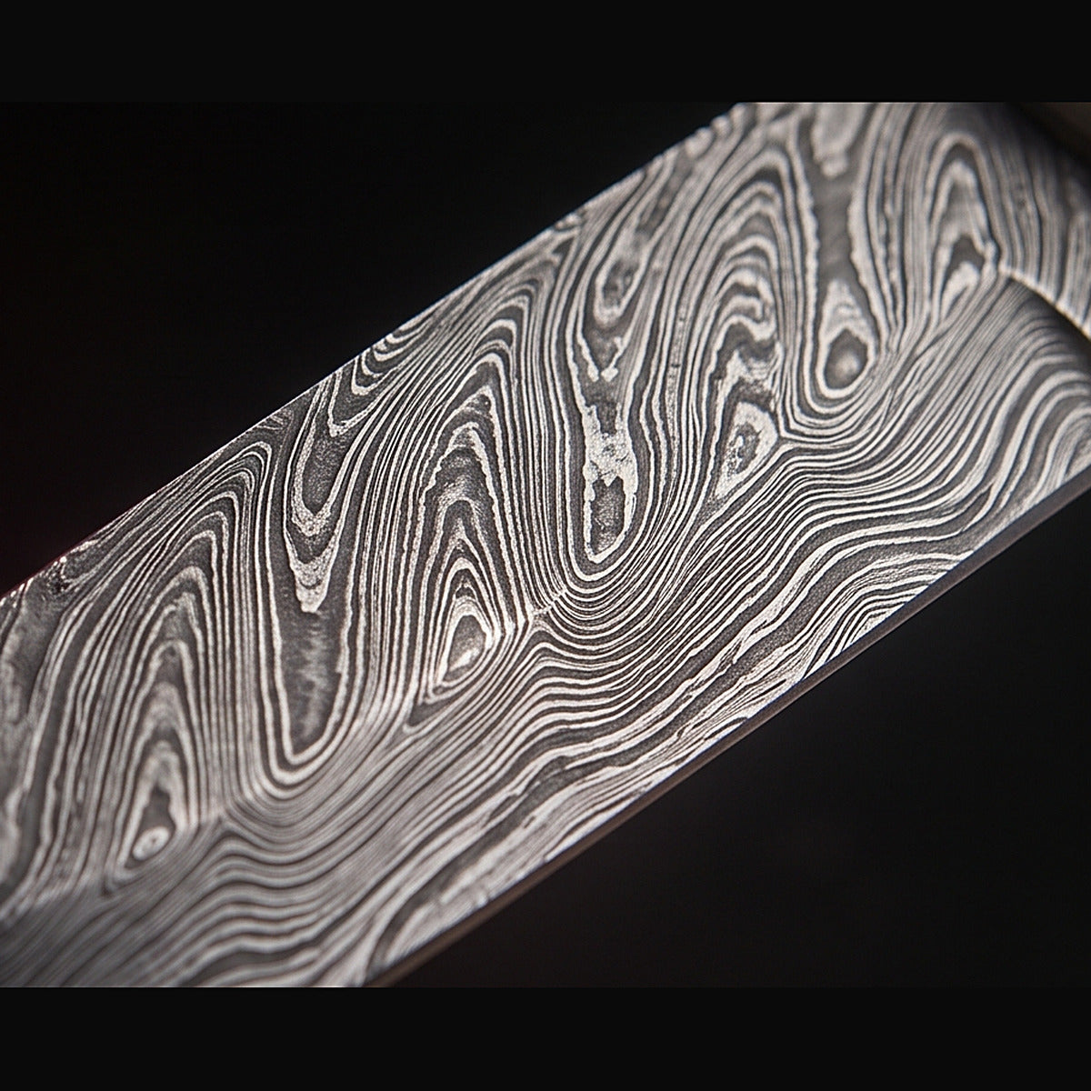 Damascus bull cutter knife with black horn and turquoise handle, blade surface macro