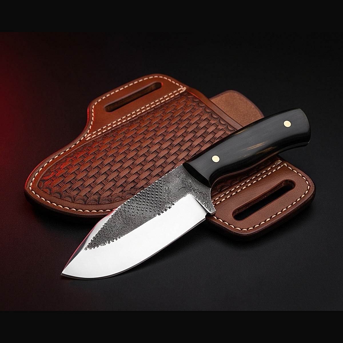 rasp steel bull cutter knife with black horn handle and tooled pancake sheath