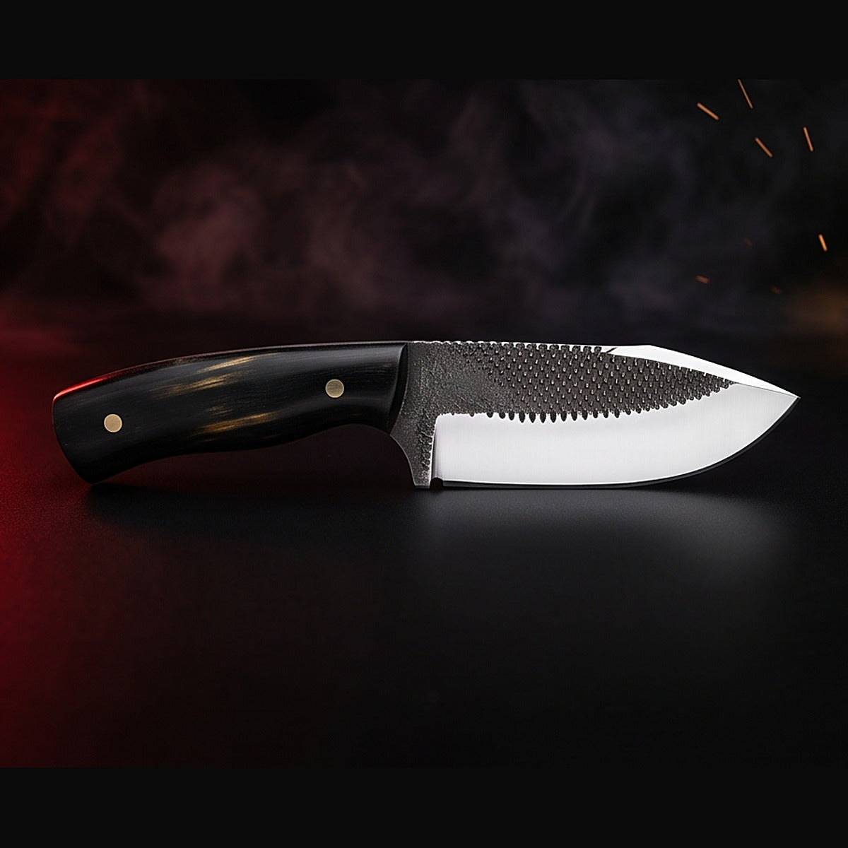 rasp steel bull cutter knife with black horn handle, left side profile
