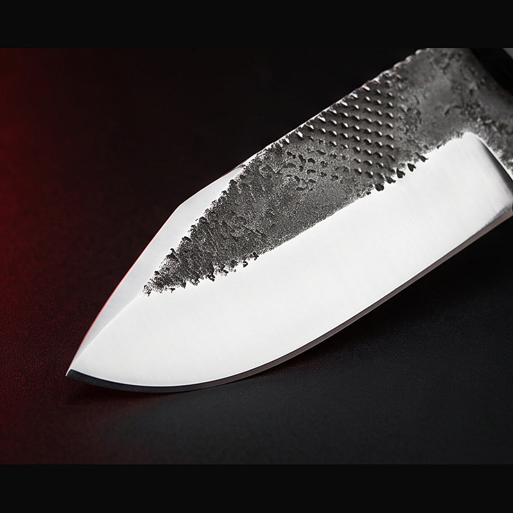 rasp steel bull cutter knife with black horn handle, blade and cutting edge detail