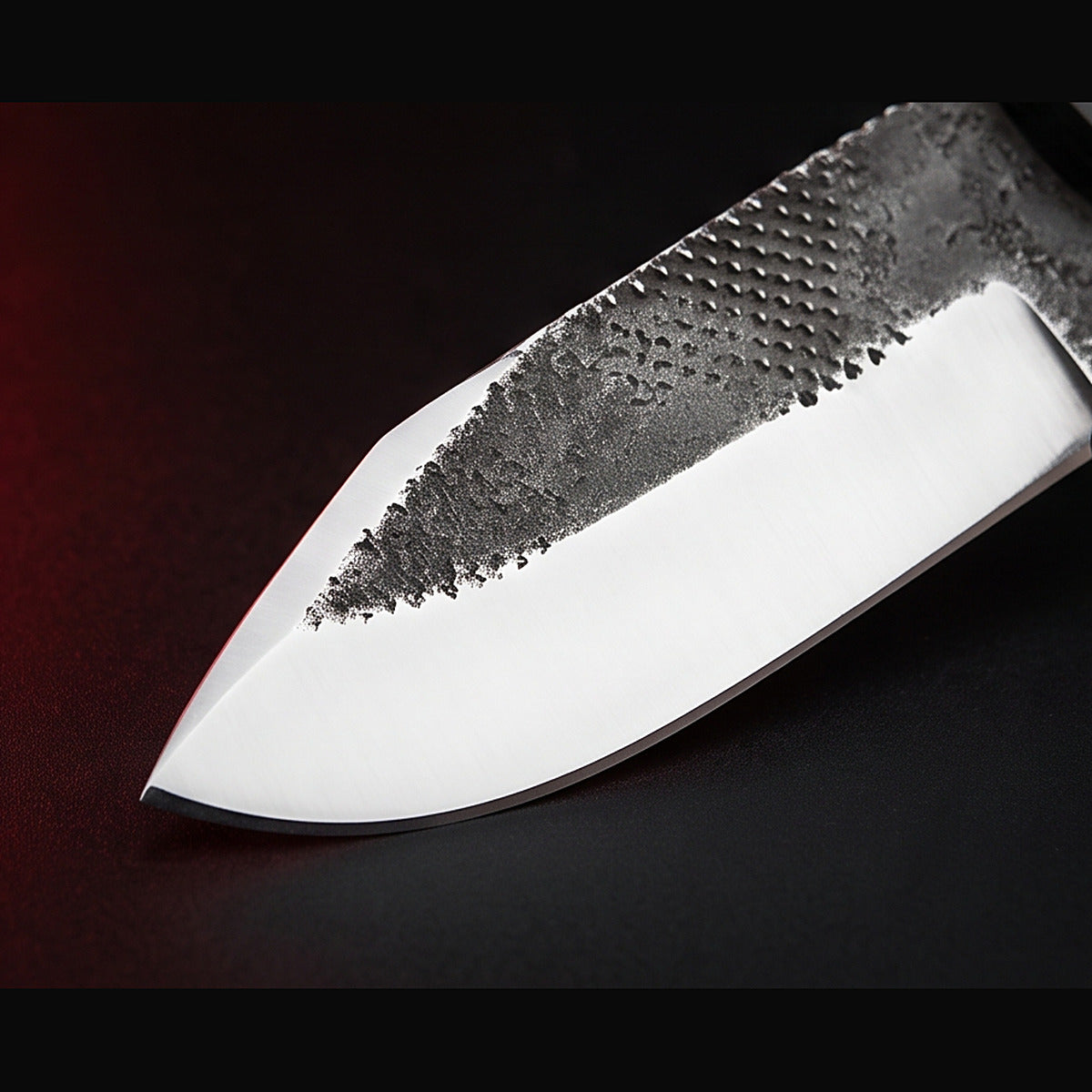 rasp steel bull cutter knife with black horn handle, blade and cutting edge detail